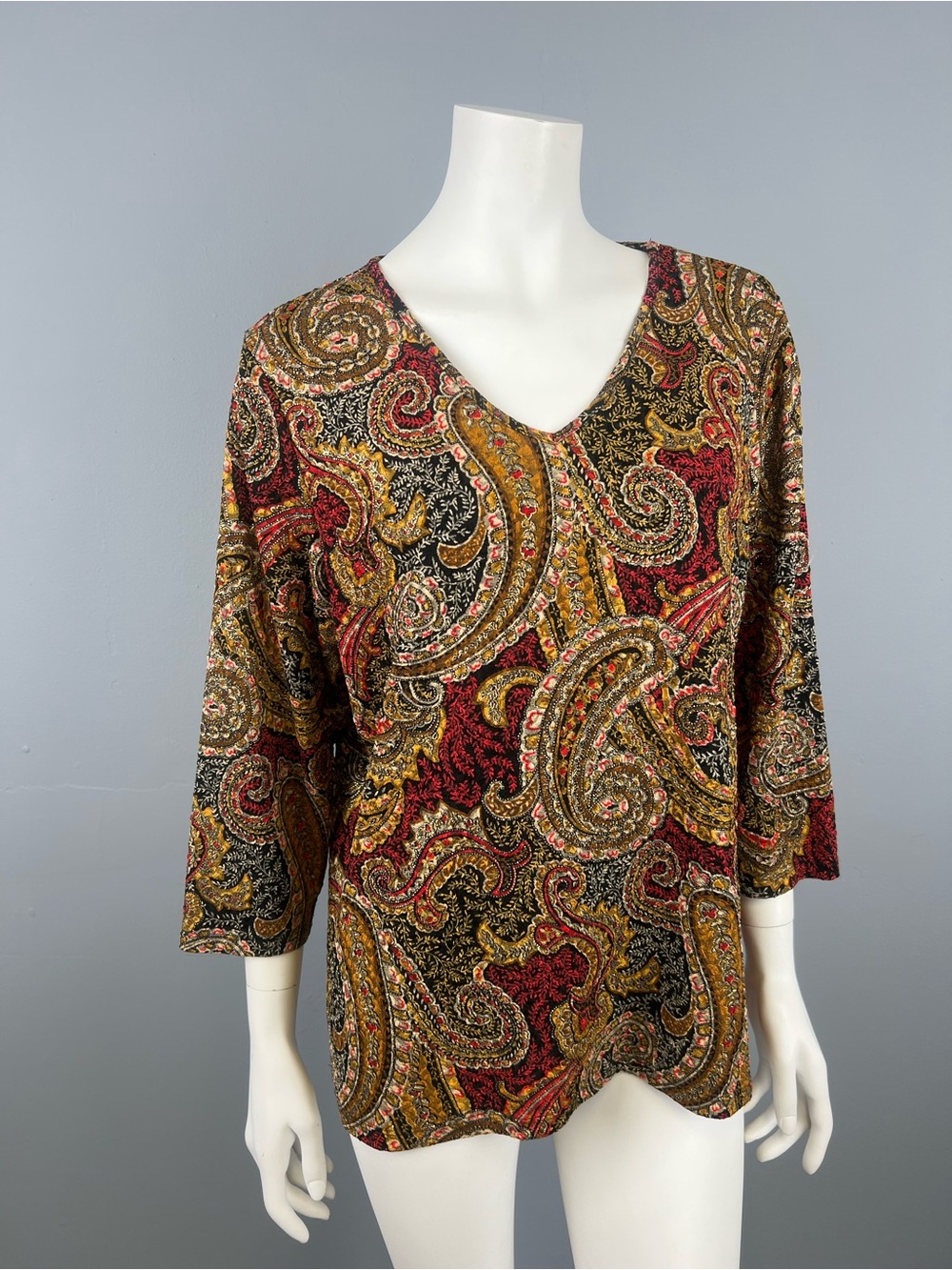 TanJay Paisley V-Neck Tunic in Red, Gold, Black